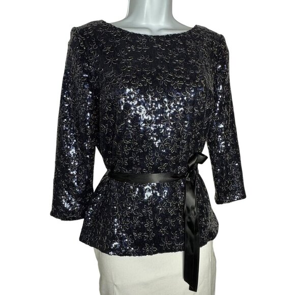 Alex Evenings Navy Blue Sequin Floral Top  3/4 Sleeves Size Small NWT - Picture 1 of 10